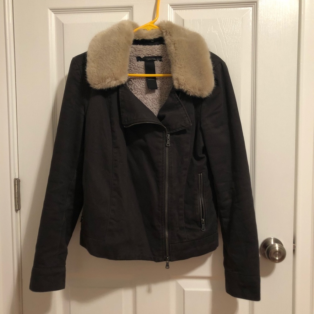 Calvin Klein black jacket with faux fur collar